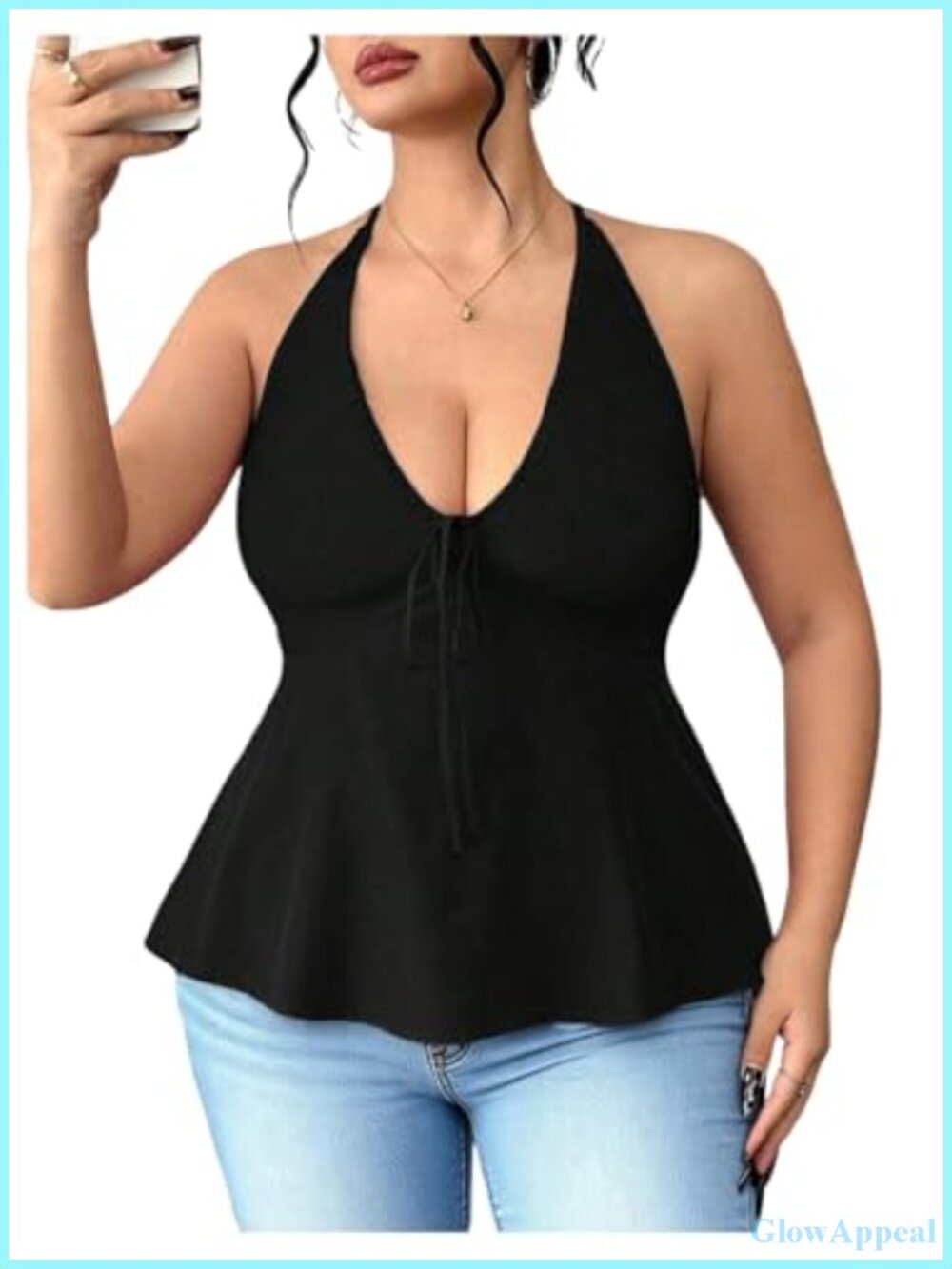 Plus Size Peplum Halter Top Tie Front V Neck Sleeveless Backless Ruffle Going